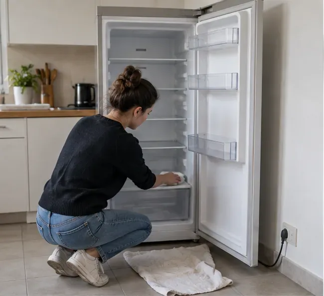 Réfrigérateur vidé et débranché dans une cuisine avant son enlèvement à Nice