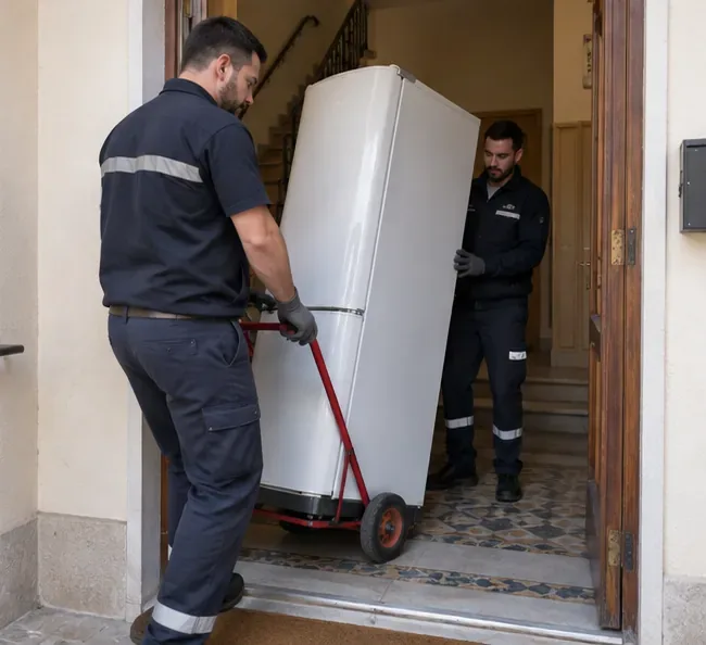 Deux agents retirant un réfrigérateur d’un logement avec un diable de manutention