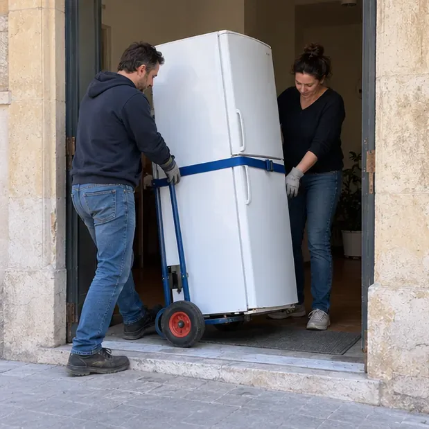 Deux adultes font franchir un seuil à un réfrigérateur blanc maintenu sur un diable et retenu par une sangle.