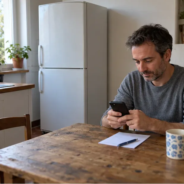 Un homme consulte son téléphone à une table, avec un réfrigérateur fermé derrière lui.