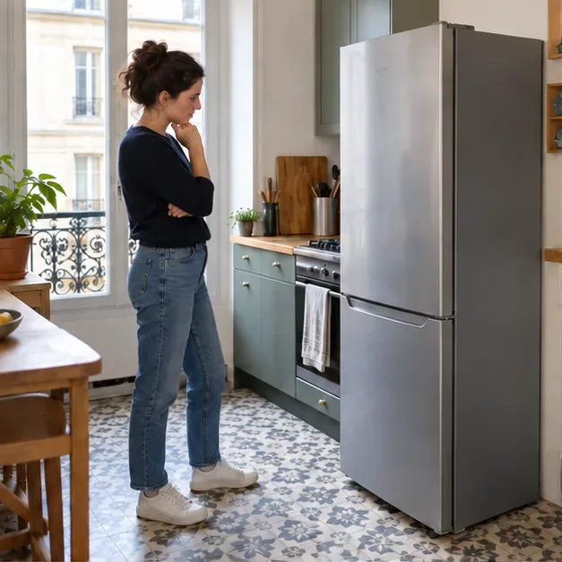 Une habitante examine un réfrigérateur encore intact dans une cuisine parisienne avant de choisir le réemploi ou le recyclage