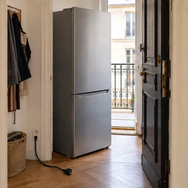 Un réfrigérateur vidé et débranché reste à l’intérieur d’un appartement parisien près de la porte en attendant une collecte réservée