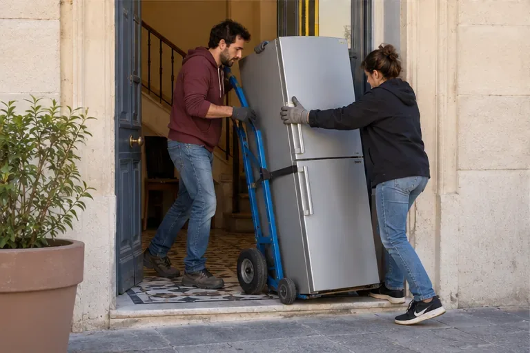 Deux adultes déplacent un réfrigérateur maintenu droit sur un diable dans l’entrée d’un logement