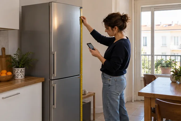 Une femme mesure la hauteur d’un réfrigérateur et consulte son téléphone dans une cuisine