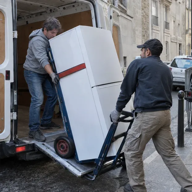 Deux adultes utilisent un diable adapté pour faire monter un réfrigérateur dans un utilitaire