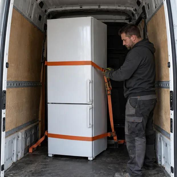 Un réfrigérateur debout est maintenu par des sangles à l’intérieur d’un utilitaire propre avant son transport