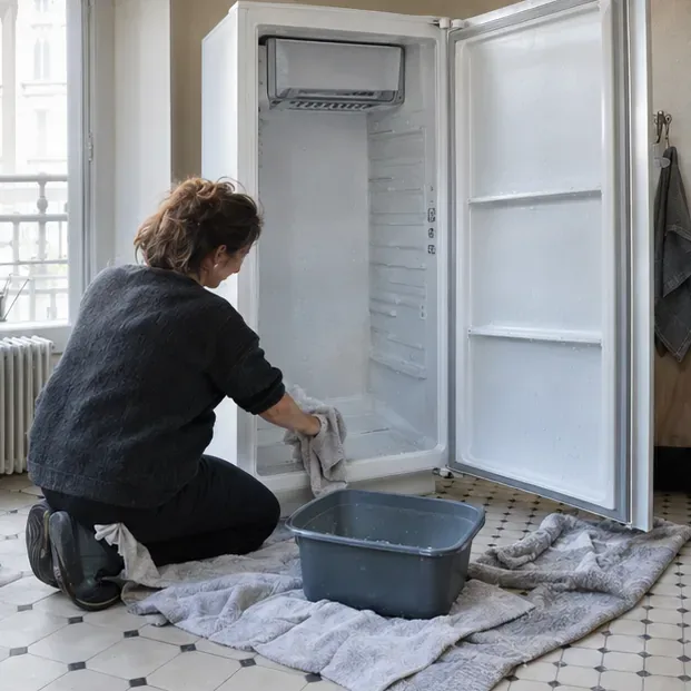 Une personne nettoie l’intérieur vide d’un réfrigérateur ouvert, avec des serviettes posées au sol pour recueillir l’eau du dégivrage