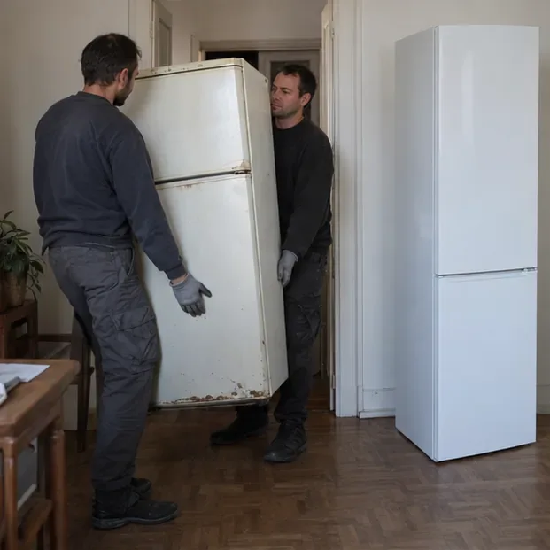 Deux personnes portent un ancien réfrigérateur dans un logement, avec un appareil neuf visible à proximité
