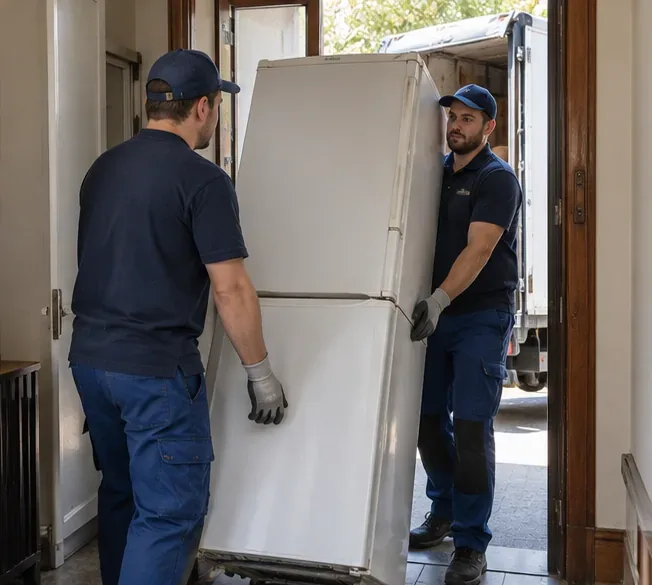Deux manutentionnaires déplacent un grand réfrigérateur par une porte vers un véhicule de transport.
