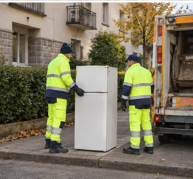 Deux agents en tenue haute visibilité se tiennent près d'un réfrigérateur posé au bord du trottoir et d'un camion de collecte.