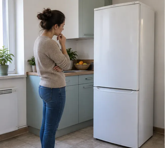 Une habitante observe un réfrigérateur blanc dans une cuisine avant de décider s'il faut le réparer, le donner ou l'évacuer.