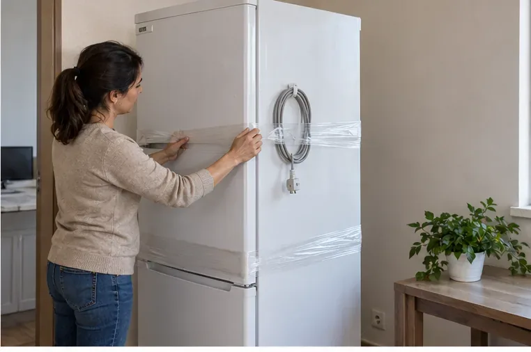 Personne qui immobilise les portes d’un réfrigérateur et fixe son câble avant un déplacement