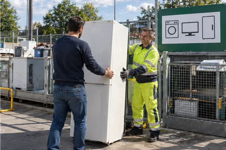 Usager remettant un réfrigérateur à un agent en tenue haute visibilité dans une zone de collecte d’appareils électriques