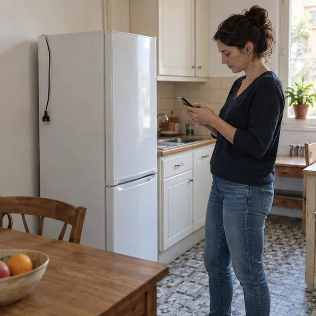 Une personne consulte son téléphone près d’un réfrigérateur dans une cuisine, pour comparer les options de reprise ou de collecte.