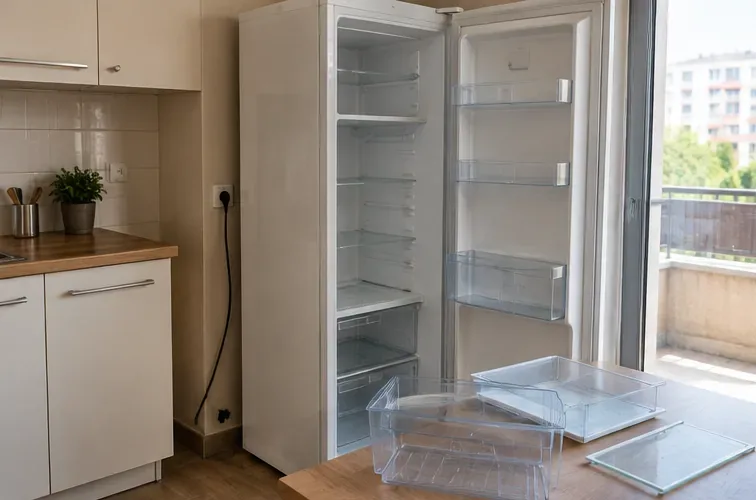 Réfrigérateur ouvert et entièrement vidé dans une cuisine, avec les bacs retirés pour préparer l'appareil à l'enlèvement
