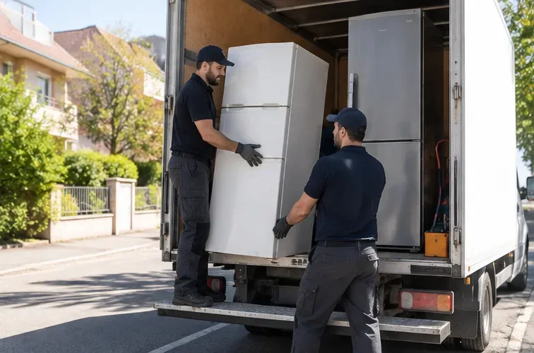 Deux livreurs chargent un ancien réfrigérateur debout dans un camion de livraison lors d'une reprise d'électroménager