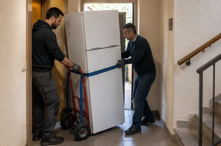 Deux personnes déplacent un réfrigérateur debout sur un diable avec une sangle dans un passage d'immeuble