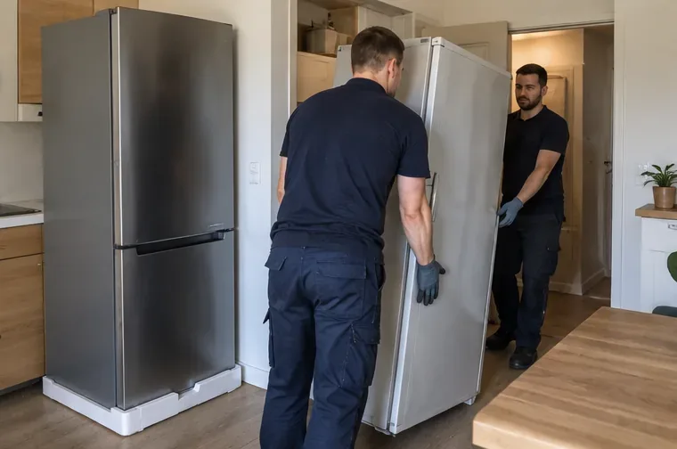 Deux livreurs retirent un ancien réfrigérateur pendant l’installation d’un appareil neuf dans une cuisine