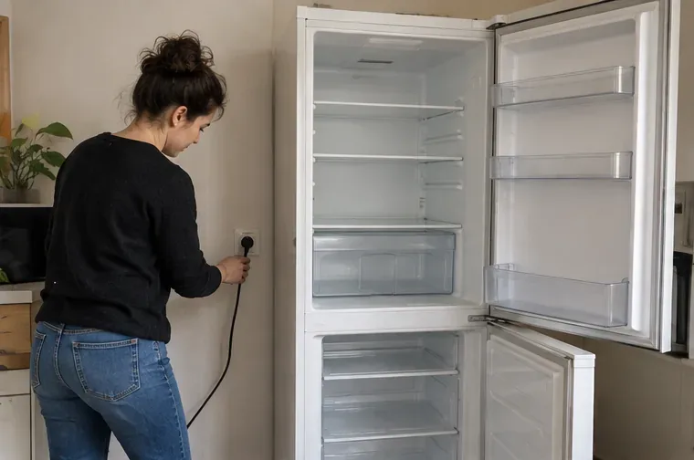 Une personne débranche un réfrigérateur vide et ouvert dans une cuisine avant son enlèvement