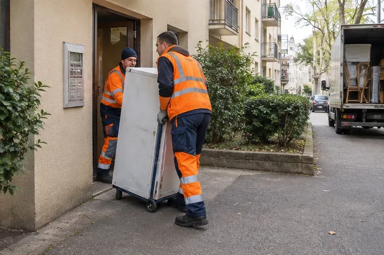 Deux agents emportent un réfrigérateur sur un chariot depuis l’entrée d’un immeuble vers un camion