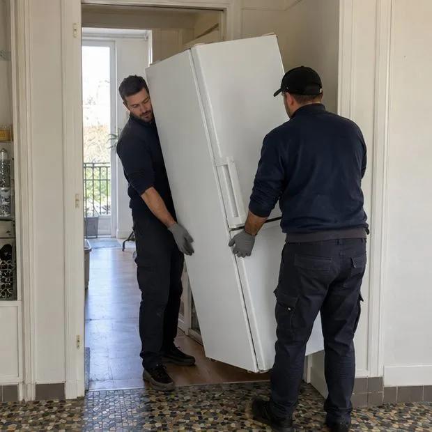Deux livreurs déplacent un ancien réfrigérateur dans l’entrée d’un appartement.