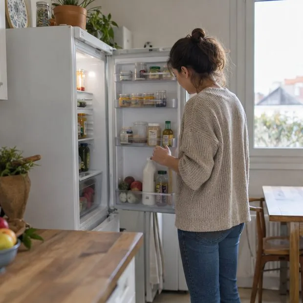 Une personne examine un réfrigérateur encore garni dans une cuisine avant d’envisager son réemploi.