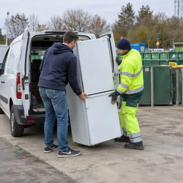 Un habitant et un agent déposent un réfrigérateur dans un véhicule utilitaire à l’entrée d’un centre de recyclage.
