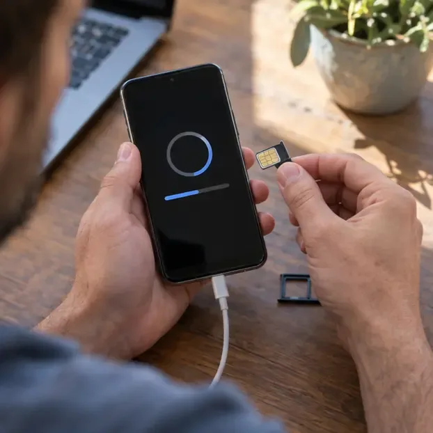 Une personne sauvegarde un smartphone et retire la carte SIM avant de s’en séparer