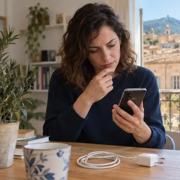 Une personne examine un ancien smartphone encore en bon état avec son chargeur sur une table