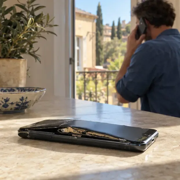 Un smartphone dont la batterie est visiblement gonflée repose sur une surface minérale tandis qu’une personne appelle un service de collecte