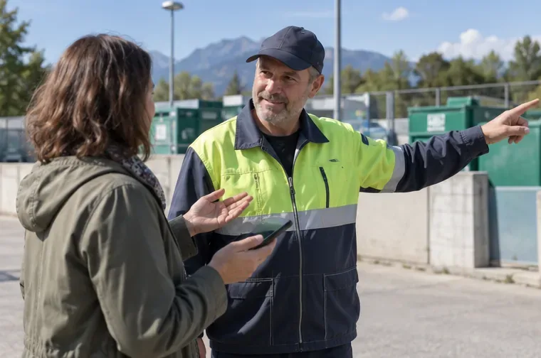 Un usager montre son téléphone à un agent de déchèterie qui lui indique la zone de dépôt adaptée