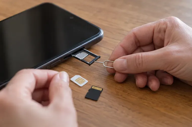 Des mains éteignent un smartphone et retirent sa carte SIM avec un outil d’éjection