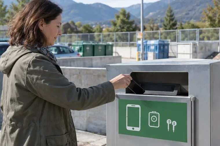 Un particulier dépose un smartphone intact dans un bac réservé aux petits appareils électroniques dans une déchèterie