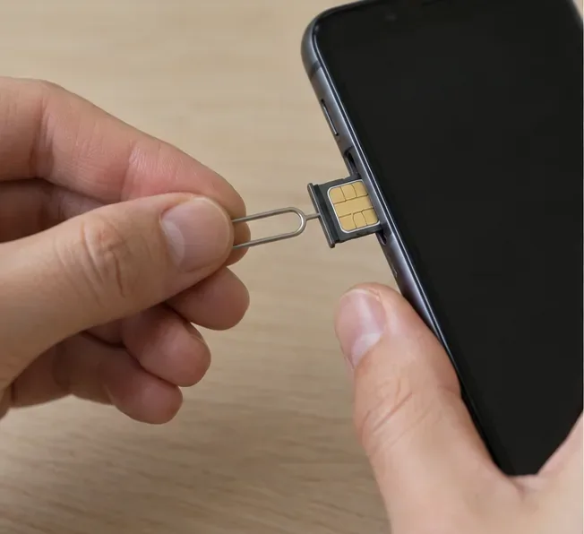 Carte SIM retirée du tiroir latéral d’un smartphone avant dépôt en recyclage