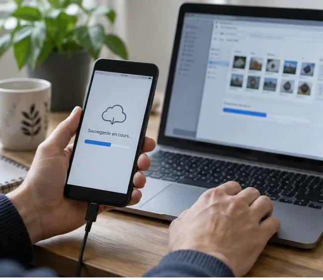 Smartphone relié à un ordinateur pendant une sauvegarde de données avant recyclage