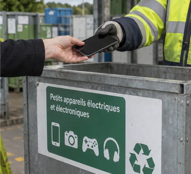 Usager remettant un smartphone à un agent devant un bac pour petits appareils électriques et électroniques