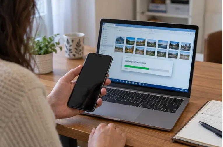 Une personne sauvegarde le contenu de son smartphone sur un ordinateur portable avant de s’en séparer.