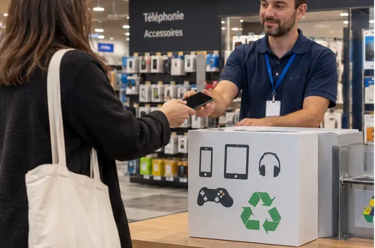 Une cliente remet un ancien smartphone à un vendeur devant un bac de collecte pour appareils électroniques.