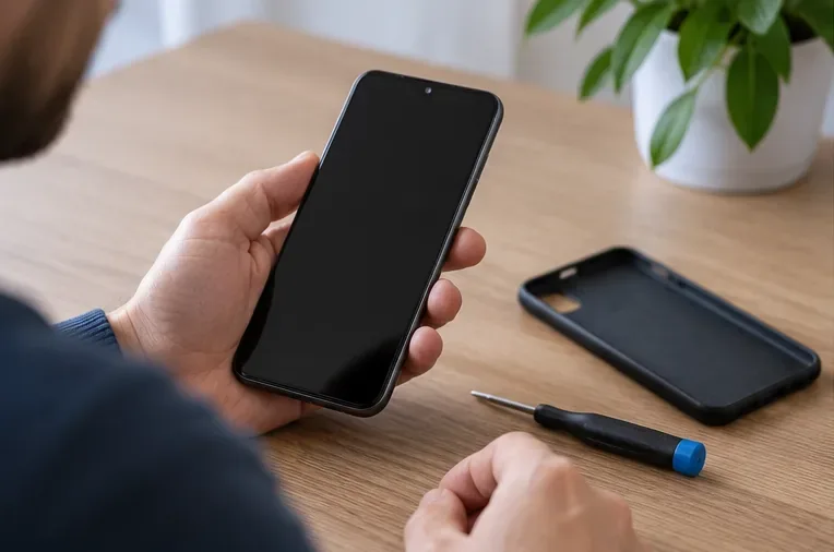 Personne examinant un smartphone intact posé près de sa coque sur une table