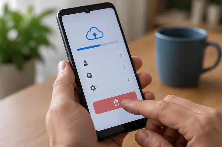 Smartphone tenu en main avec un écran symbolisant une sauvegarde puis la suppression des données