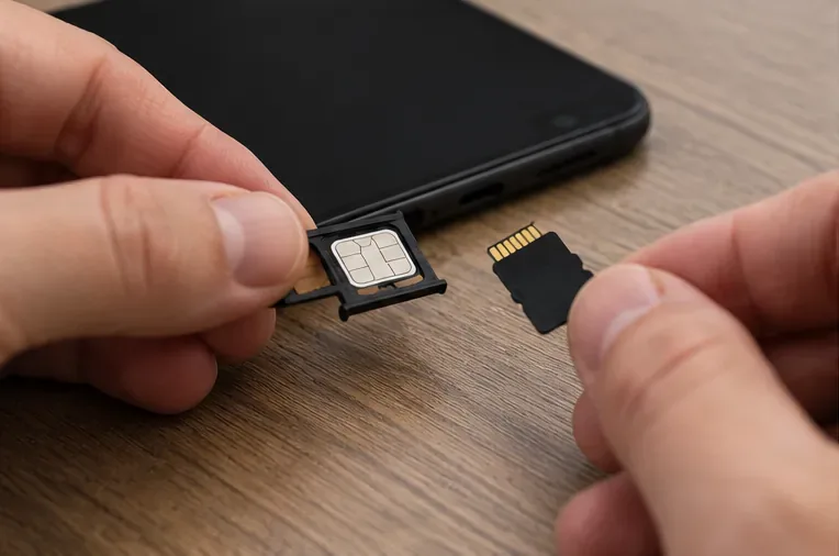 Gros plan sur une carte SIM et une carte microSD retirées d’un smartphone