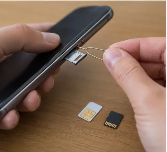Gros plan sur l’extraction du tiroir SIM d’un smartphone avec une carte SIM et une carte mémoire posées sur une table.