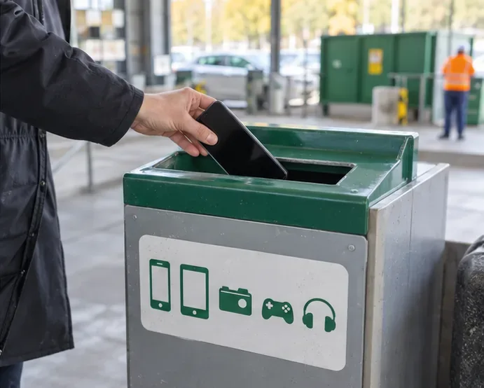 Une personne dépose un smartphone dans un conteneur de collecte pour petits appareils électroniques