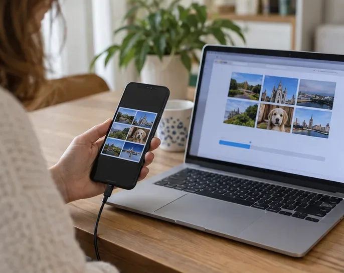 Une personne connecte un smartphone à un ordinateur portable pour sauvegarder des photos avant de le déposer au recyclage à Lille