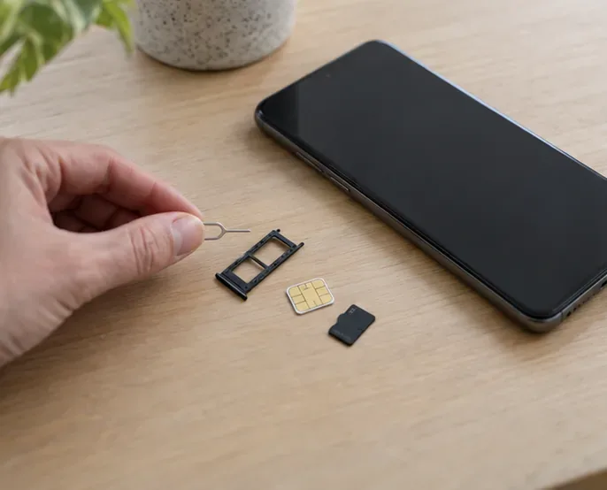 Un smartphone posé à côté d’un tiroir SIM, d’une carte SIM et d’une carte mémoire retirés avant le recyclage