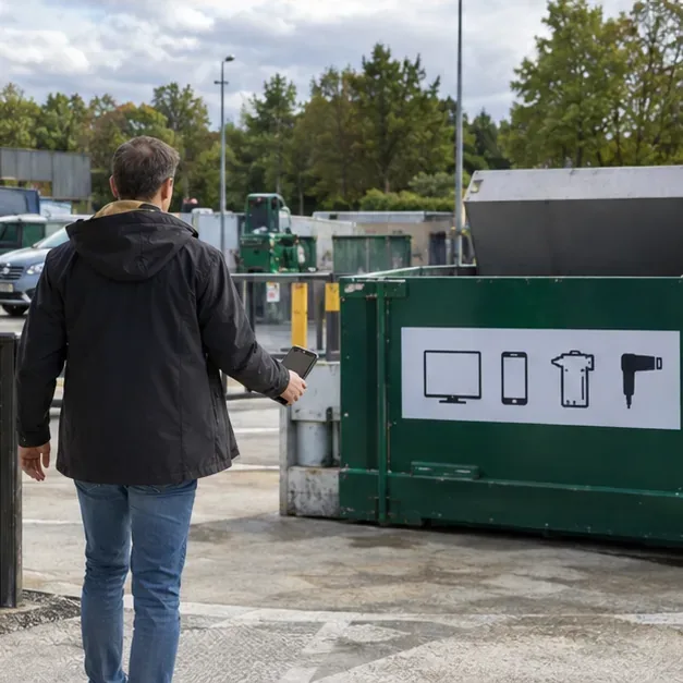 Personne portant un smartphone vers un conteneur de petits équipements électriques dans une déchèterie