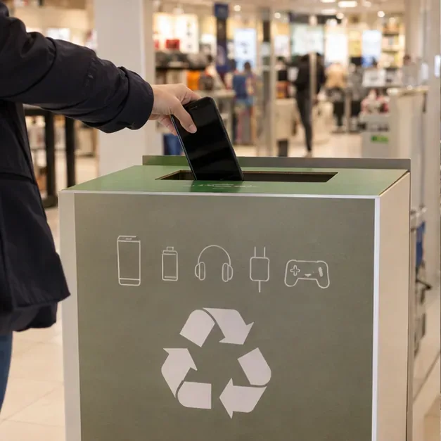 Main déposant un smartphone dans une borne de collecte des petits appareils électriques en magasin