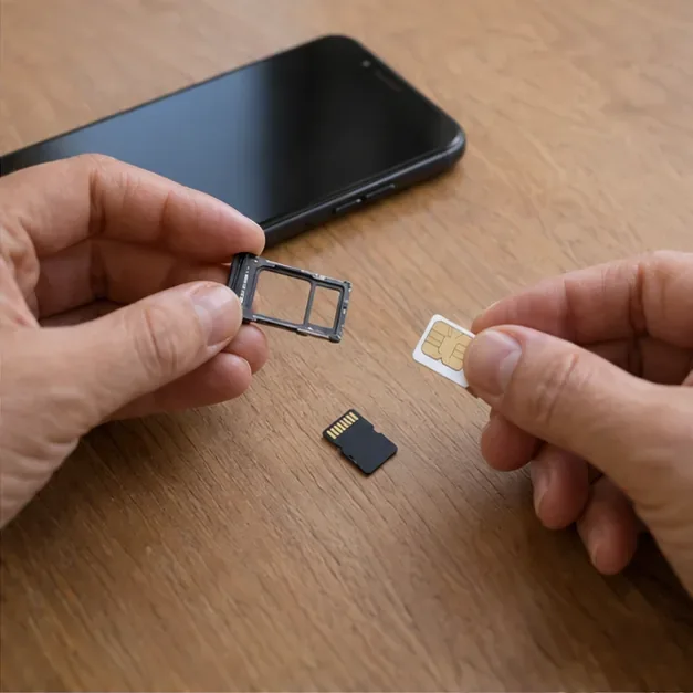 Mains retirant une carte SIM et une carte microSD du tiroir d’un smartphone