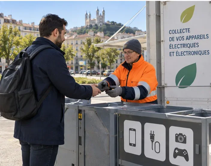 Un particulier remet un smartphone à un agent sur un point de collecte d’appareils électriques et électroniques en ville.