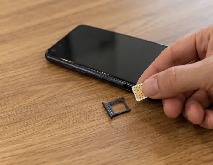 Une main retire une carte SIM de son tiroir à côté d’un smartphone posé sur une table.